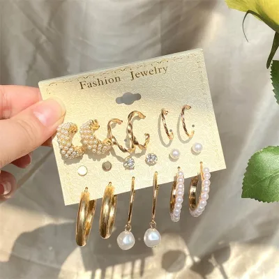 Trendy Multi Pearl Design Hoop Earring Set (9 Pairs)